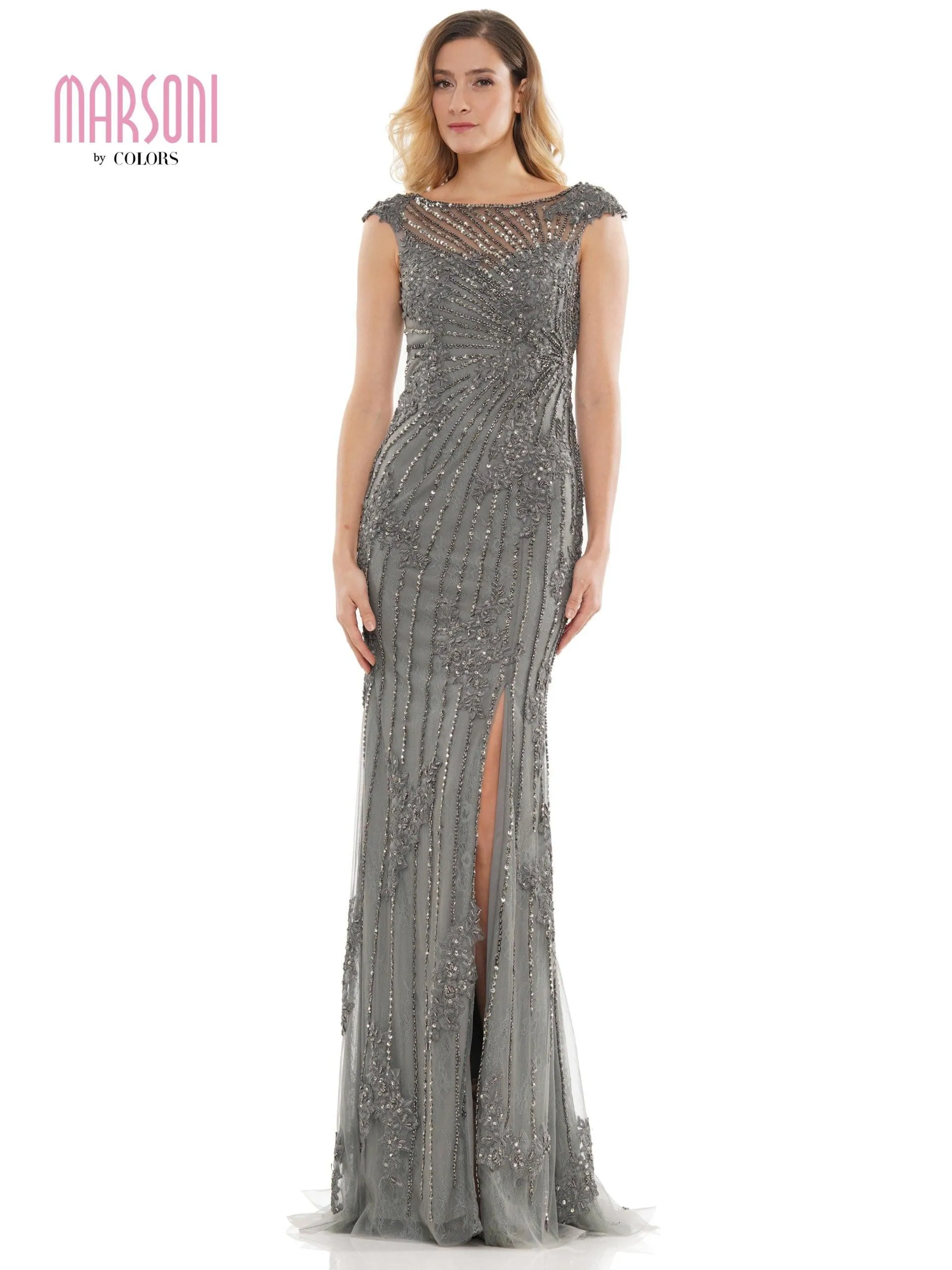 Marsoni Long Cap Sleeve Formal Beaded Dress 1128