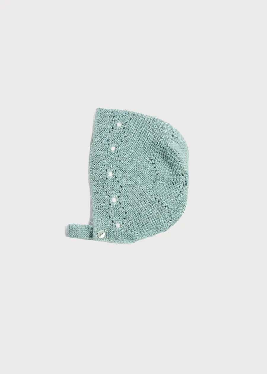 Openwork Contrast Dot Merino Wool Bonnet in Green (0-12mths)