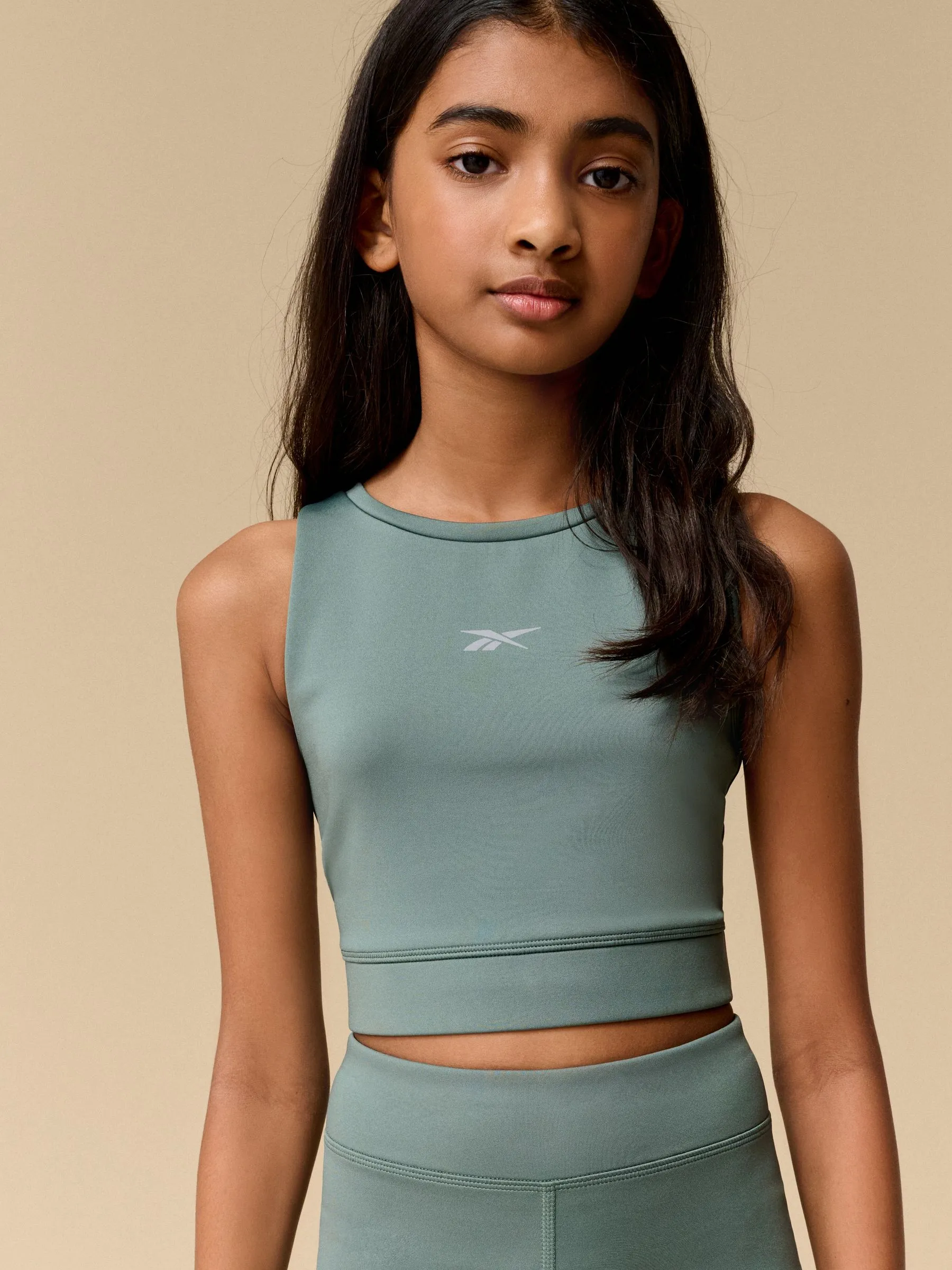 Reebok Girls Khaki Green Logo Performance Crop Top