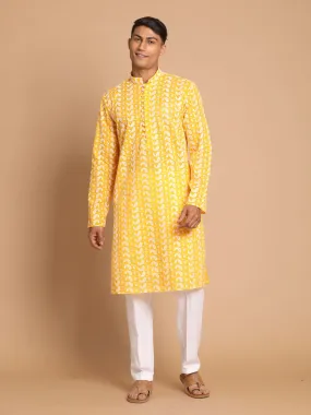 VASTRAMAY Men's Orange Pure Cotton Chikankari Kurta With Pant set